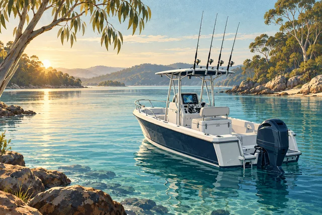 Illustration of a fishing boat on sheltered coastal water