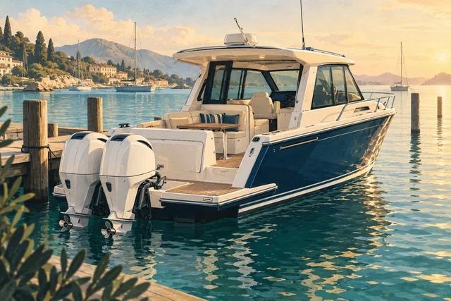 Illustration of a cabin powerboat with outboard engines