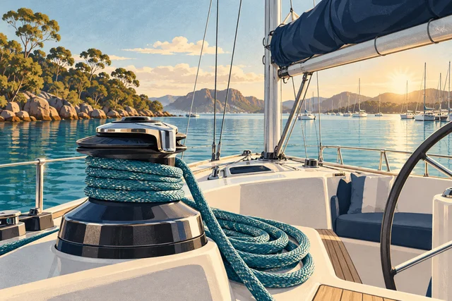 Illustration of a sailing yacht cockpit with winch and rope