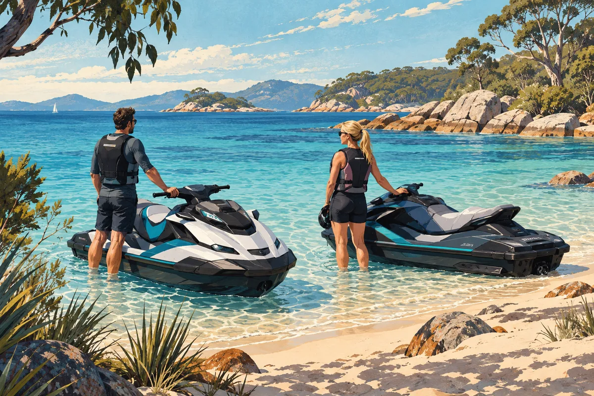 Editorial illustration of jet skis & personal watercraft