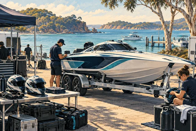 Illustration of a powerboat prepared on a trailer