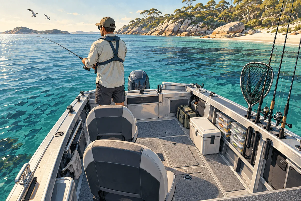Illustrated boating scene supporting this fishing buying guide